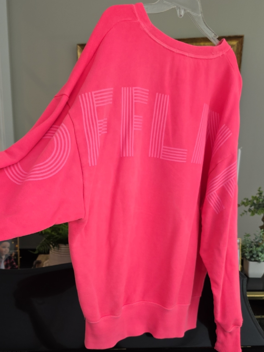 Offline By Aerie Womans Neon Pink Oversized Cooton,poly Crewneck Sweatshirt